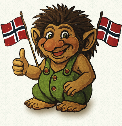 The Trold mascot, holding two Norwegian flags