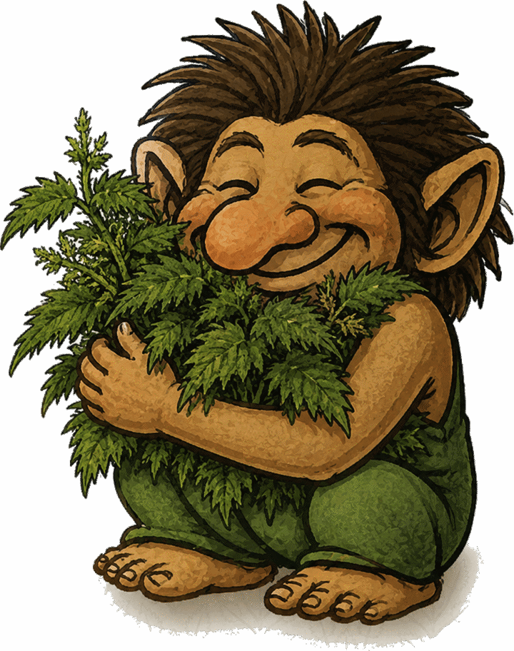 A smiling troll hugging a bundle of wild Norwegian nettles